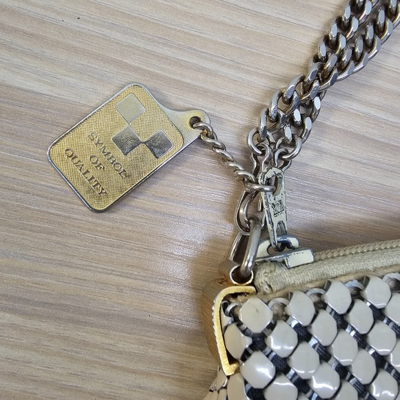 Vintage Metal Mesh Clutch Purse Silver Gold Chain Strap Cream Cocktail Bag Glam